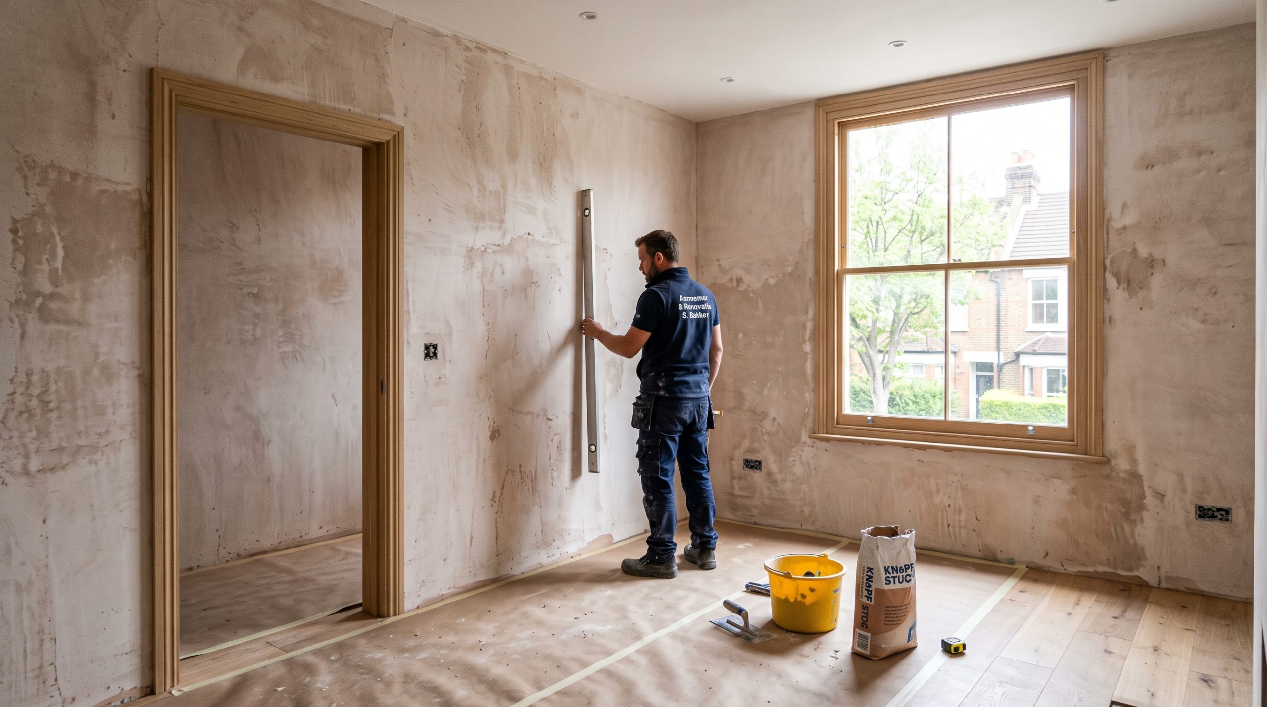 Aannemer controleert een muur met een waterpas in een bijna afgewerkte renovatie