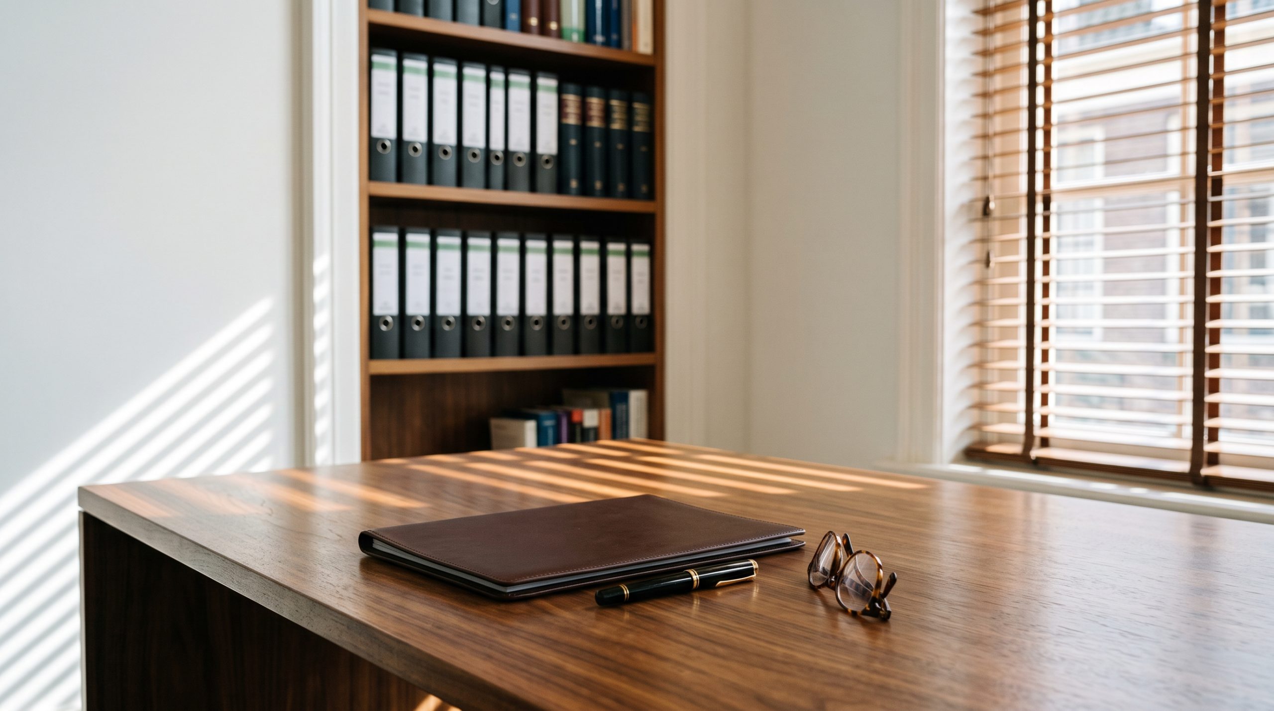 Rustig kantoor met een houten bureau, dossiermap en pen bij namiddaglicht