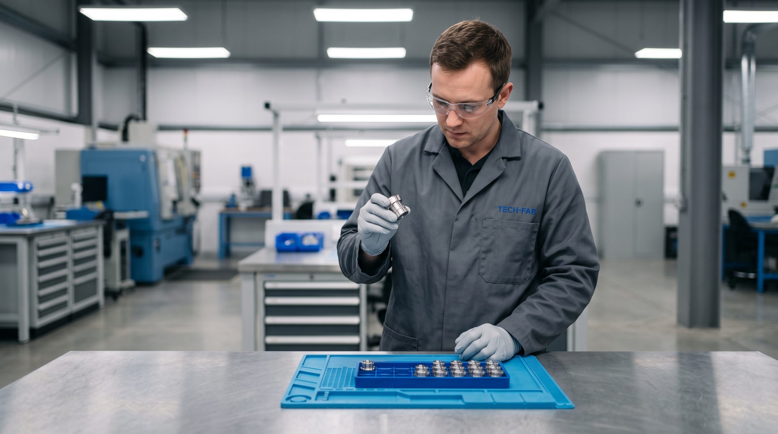 Technicus controleert een gefreesd onderdeel aan een werkbank in een propere productieruimte