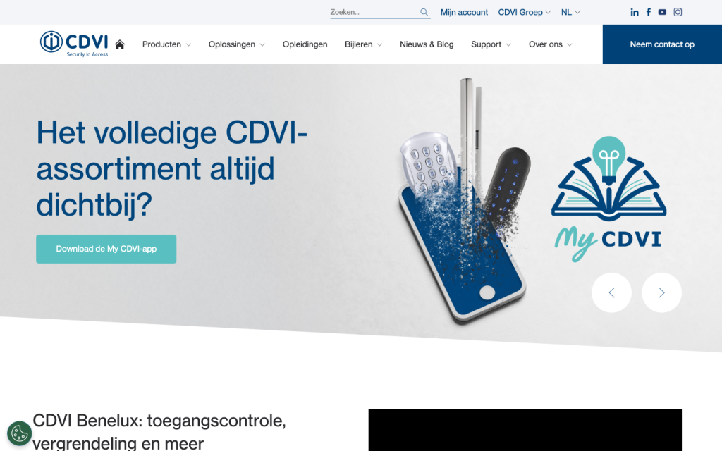 CDVI Benelux home page with the My CDVI app slider and the product menu