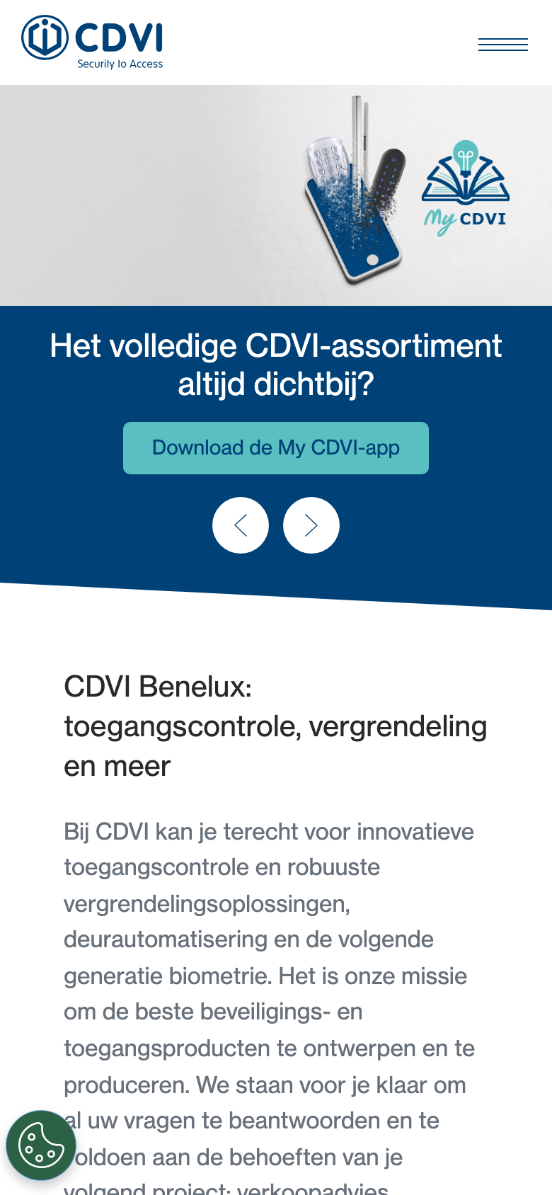 CDVI Benelux home page on a phone