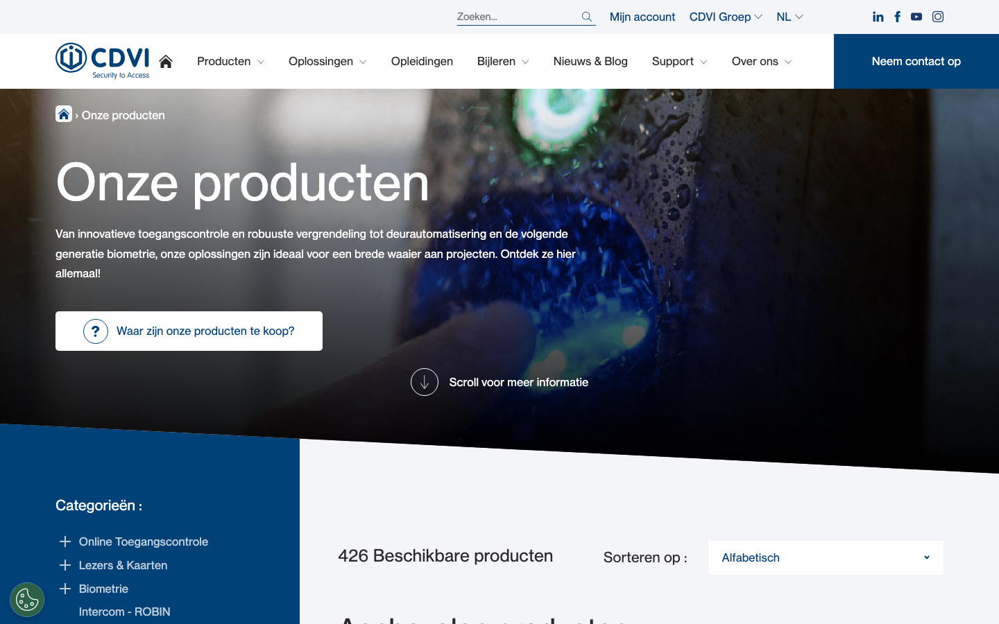 CDVI Benelux product catalogue with category filters and 426 products