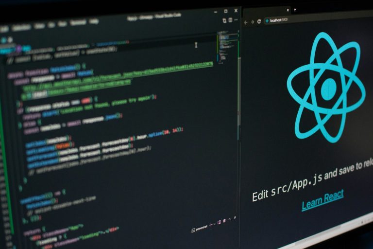 Web development with React on a dark screen