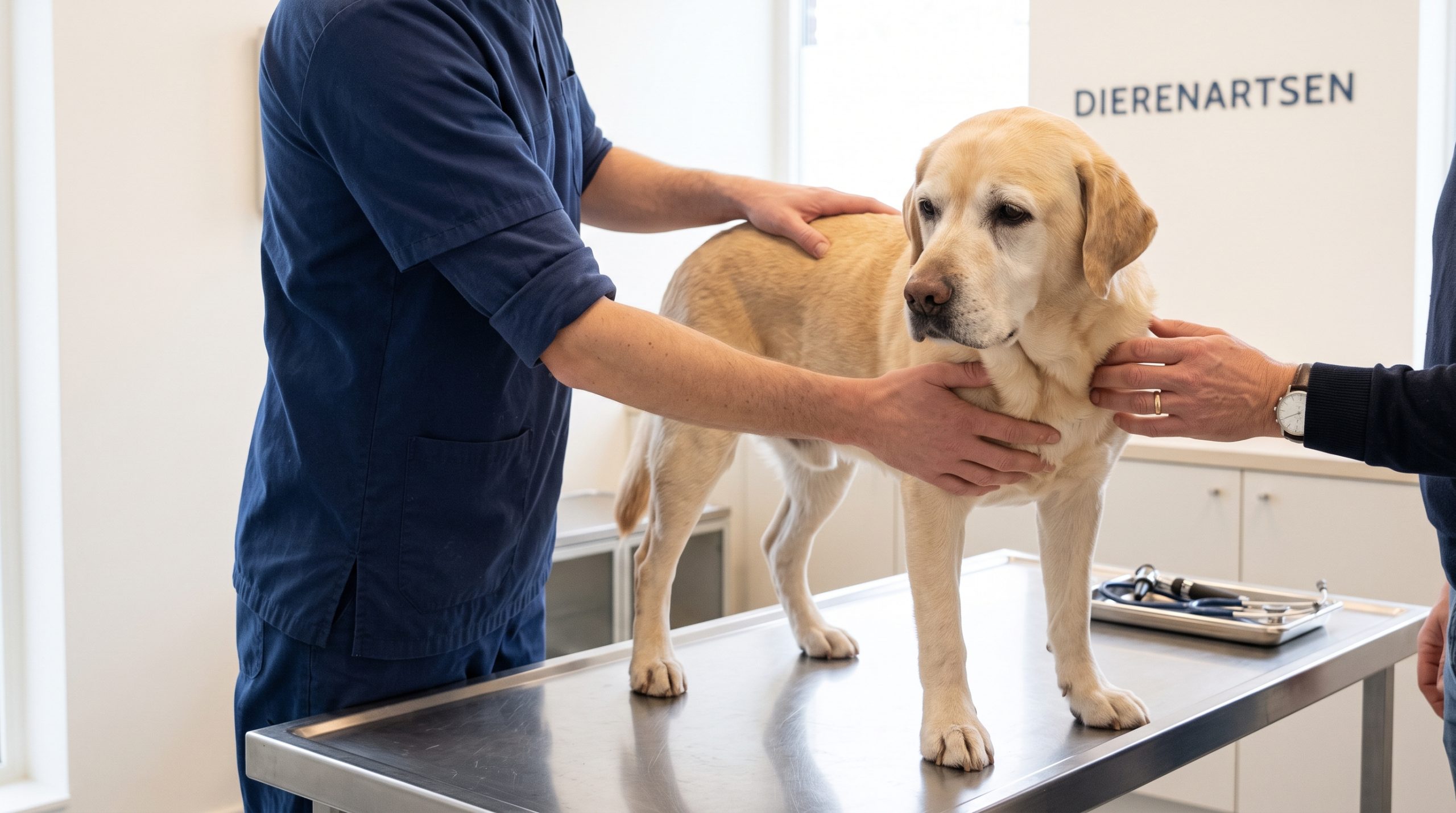 Dierenarts onderzoekt een rustige labrador op een stalen tafel terwijl het baasje hem vasthoudt