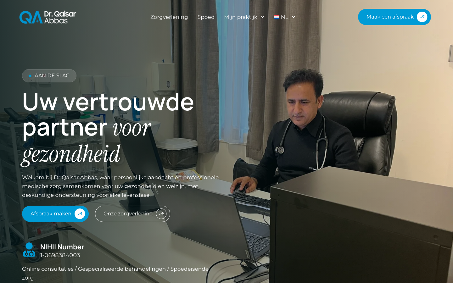 drqabbas.be home page with the doctor at his desk and the booking button