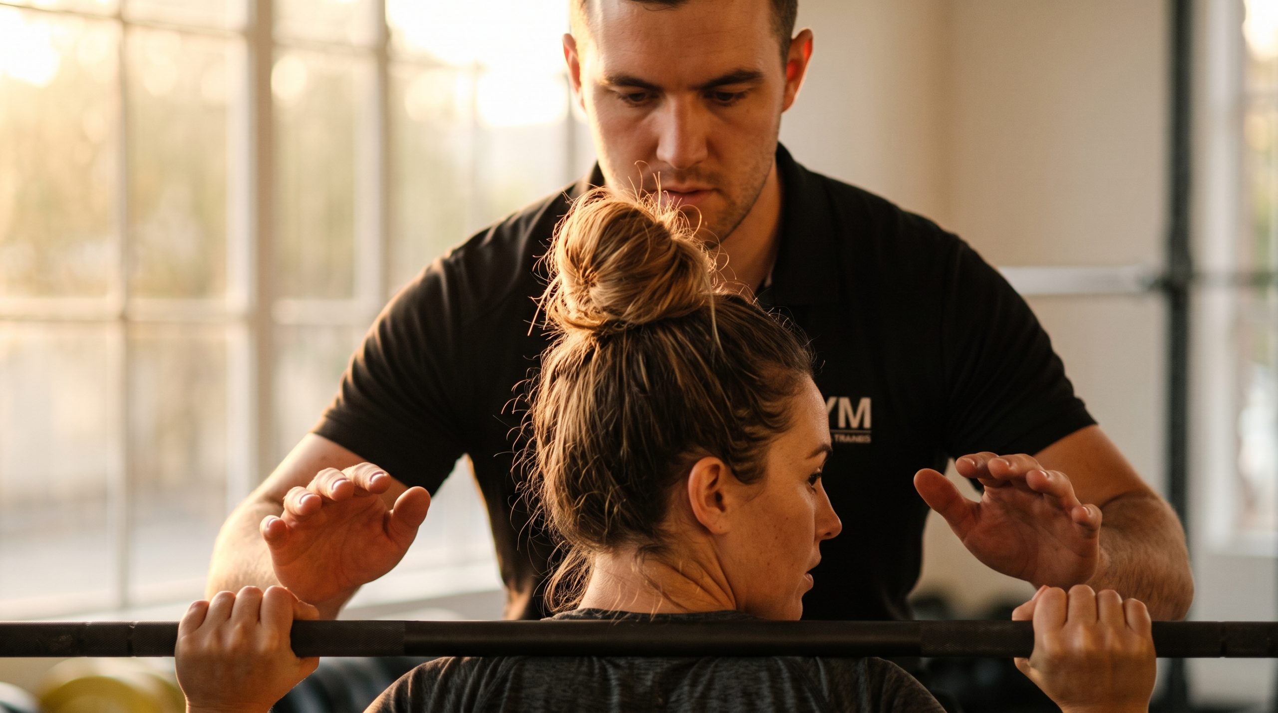 Personal trainer begeleidt een klant bij een squat in een kleine fitnesszaak
