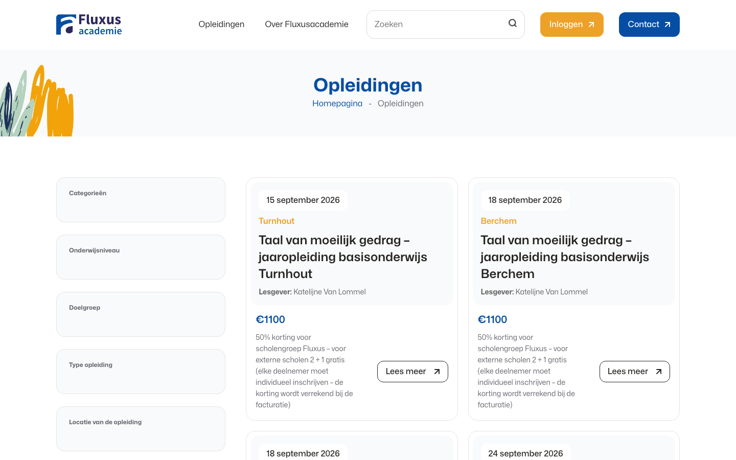 Training catalogue with filters and cards