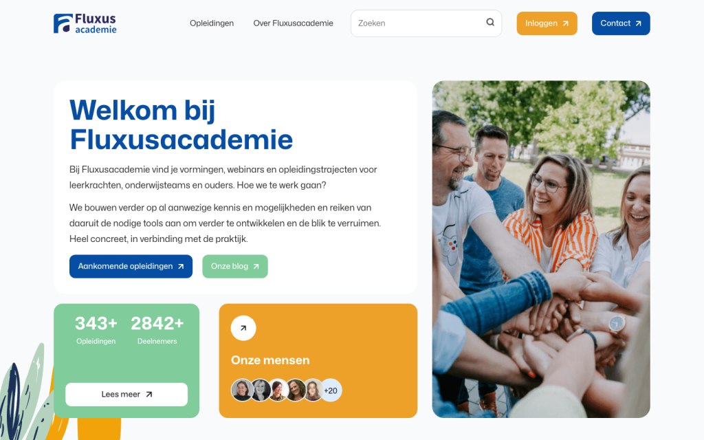 Fluxusacademie home page with the welcome card, photo and stats