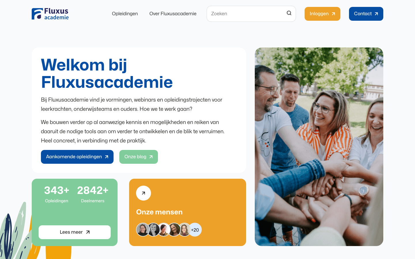Fluxusacademie home page with the welcome card, photo and stats