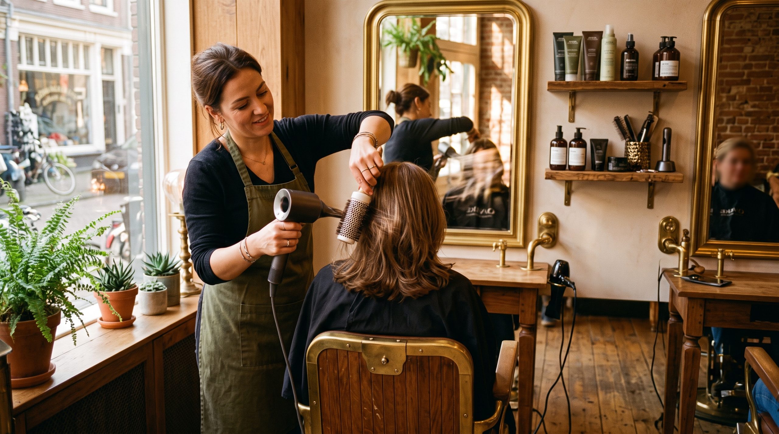 Kapster föhnt het haar van een klant in een kleine zelfstandige kapsalon
