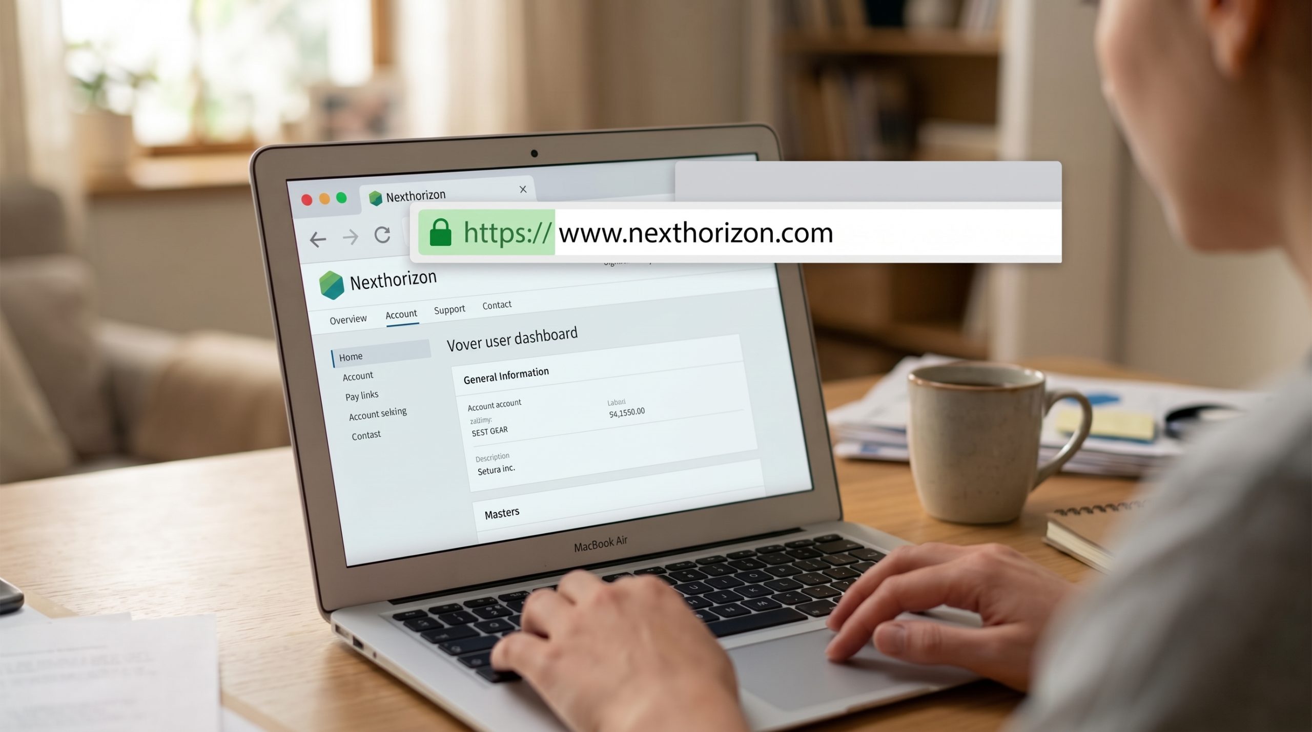Iemand werkt aan een laptop met een beveiligde verbinding in de adresbalk