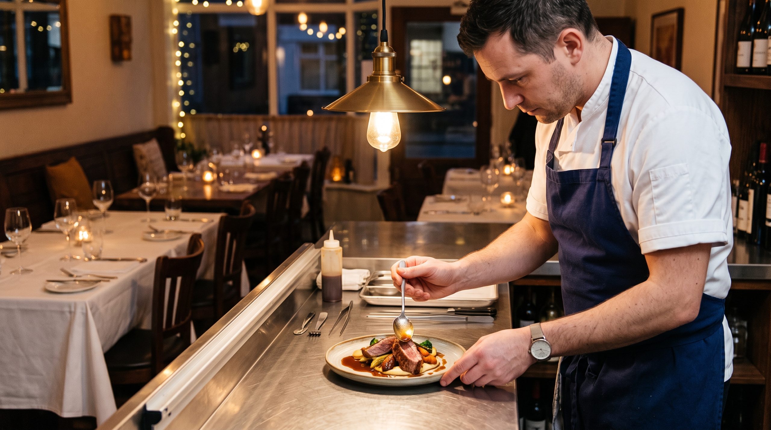 Chef werkt een bord af aan de pass in een klein buurtrestaurant