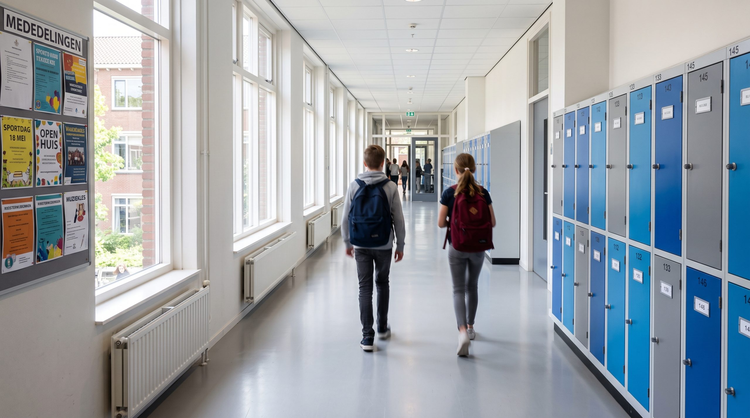 Lichte schoolgang met lockers en twee leerlingen die van de camera weg wandelen