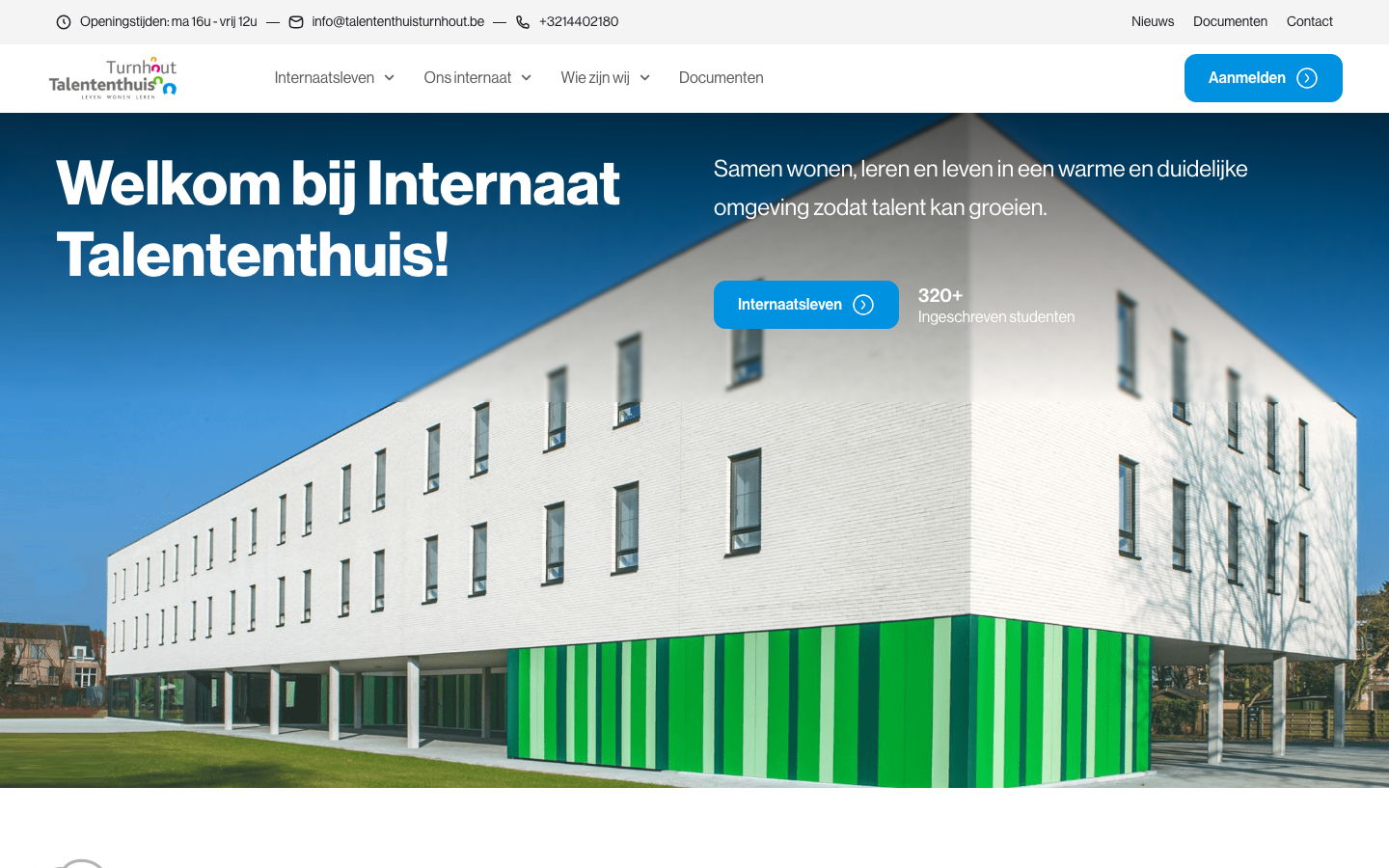 Talententhuis Turnhout home page with the boarding house building