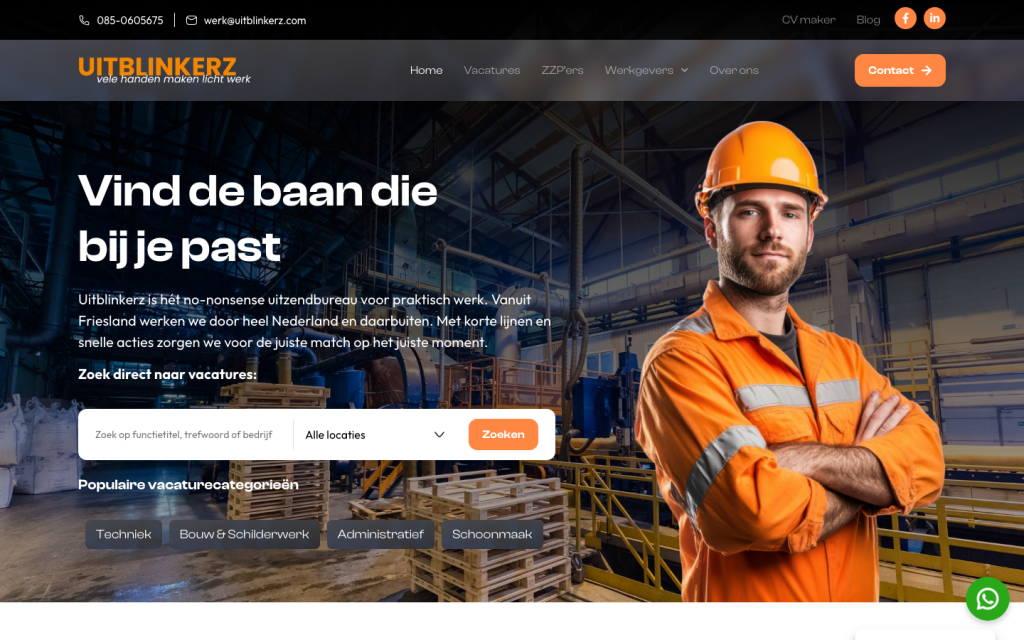 Uitblinkerz home page with the job search bar and popular categories