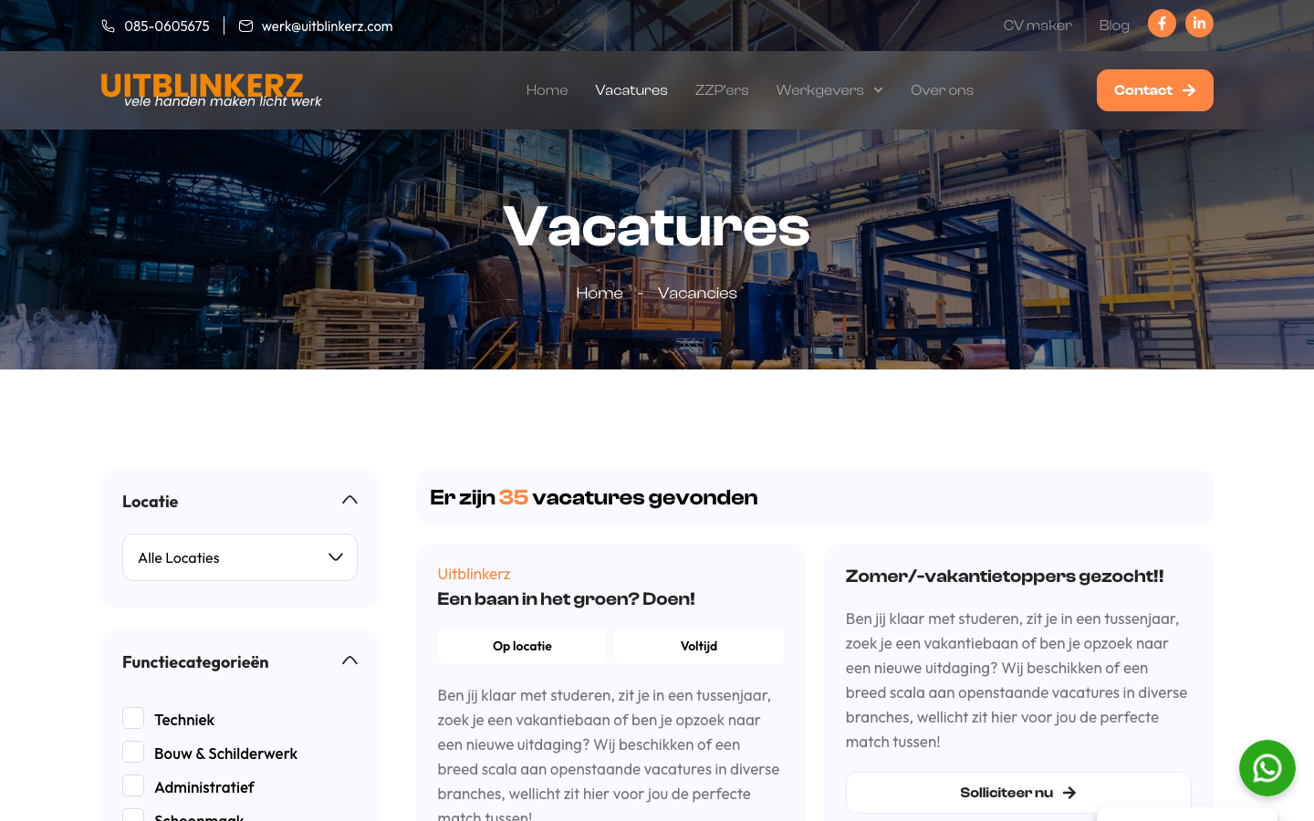 Uitblinkerz job board with filters and 35 vacancies