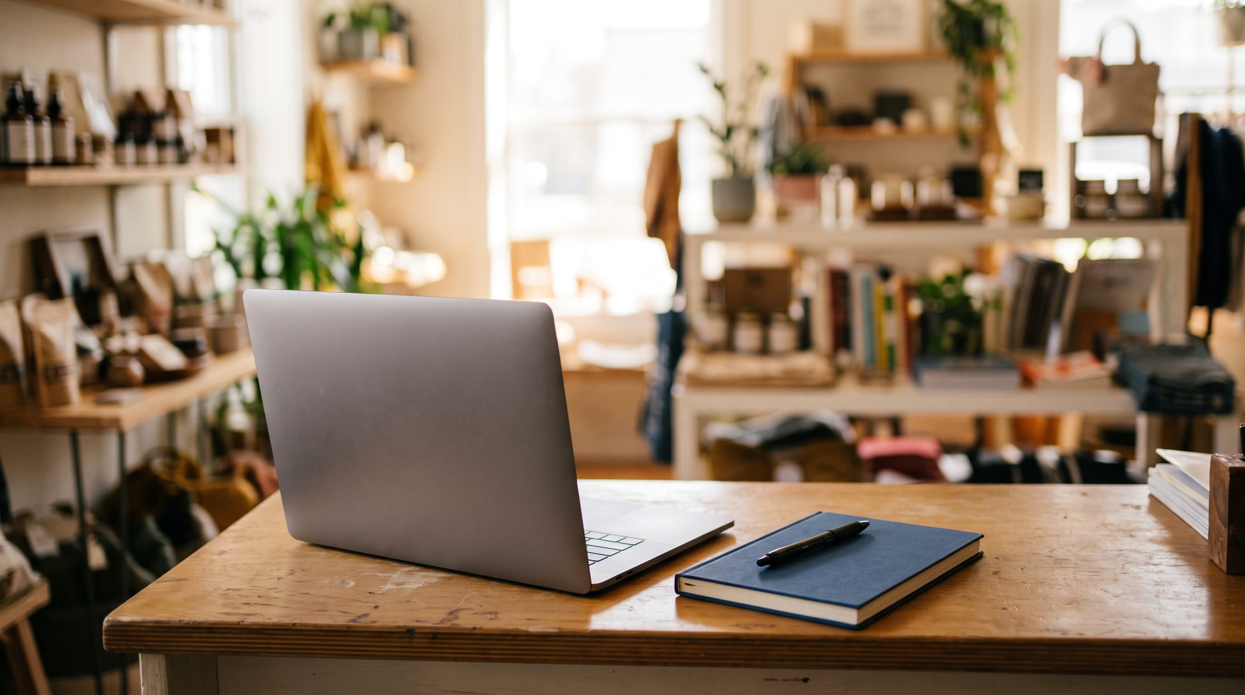 Laptop en notitieboek op de toonbank van een kleine winkel, scherm van de camera afgekeerd