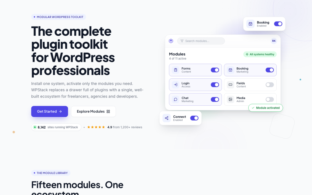 wpstack.io home page with the modules panel